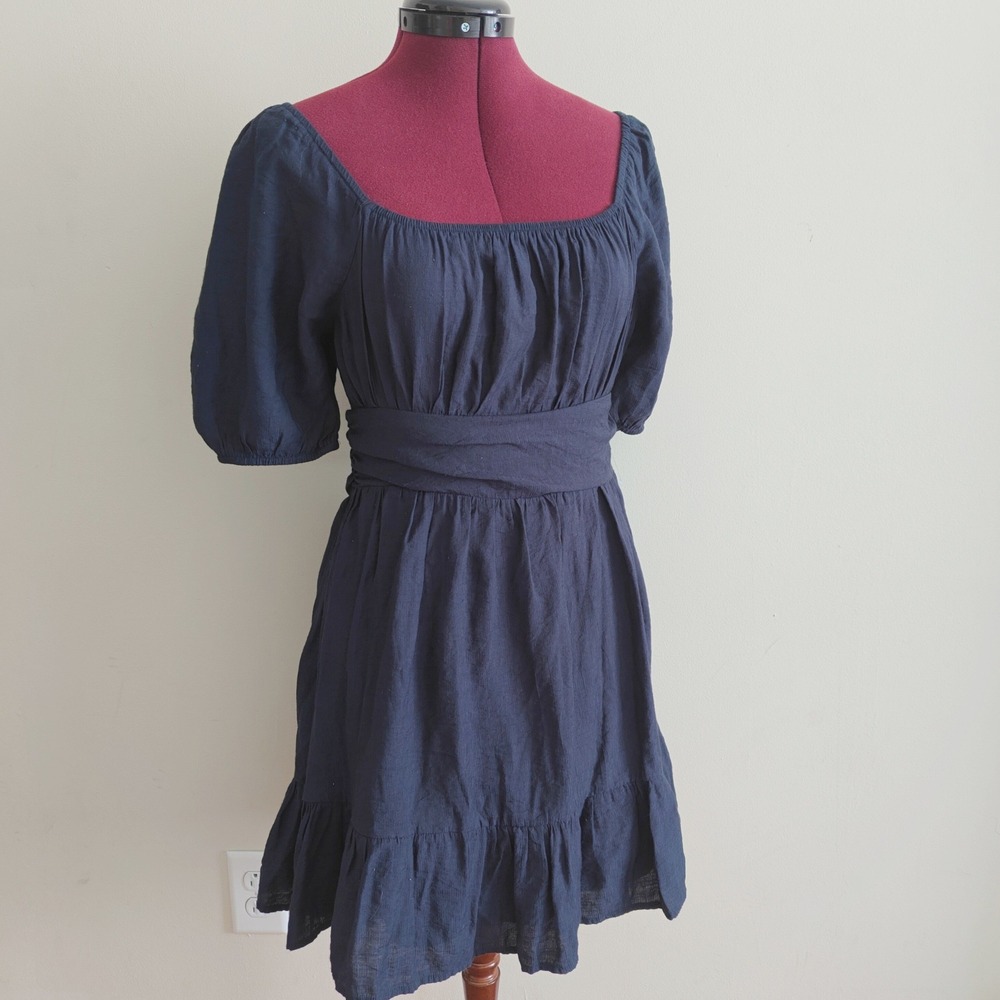 Altar'd State Navy Blue Puff Sleeve Tie Back Cutout Mini Dress Fit Flare Medium